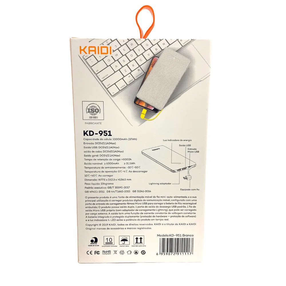 CARREGADOR PORTÁTIL POWERBANK 10.000 MAH - KAIDI - KD-951