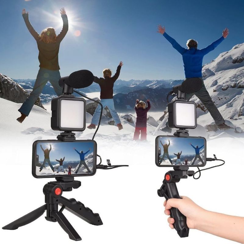 Kit Gravação 4 Em 1 Com Controle Remoto Suporte Celular LED E Microfone