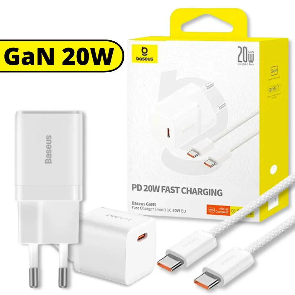 Kit Carregador Turbo GaN PD 20W + Cabo Tipo-C para Tipo-C - Branco - Baseus