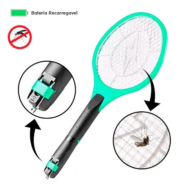 Raquete Elétrica Mata Mosca e Mosquito Dengue Insetos Recarregável 110/220 Bivolt