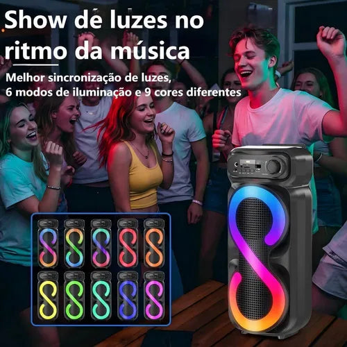 Caixinha De Som Bluetooth Portátil Fm Com Microfones Rgb