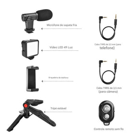 Kit Gravação 4 Em 1 Com Controle Remoto Suporte Celular LED E Microfone