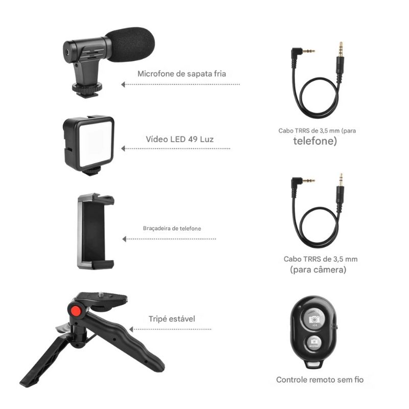 Kit Gravação 4 Em 1 Com Controle Remoto Suporte Celular LED E Microfone