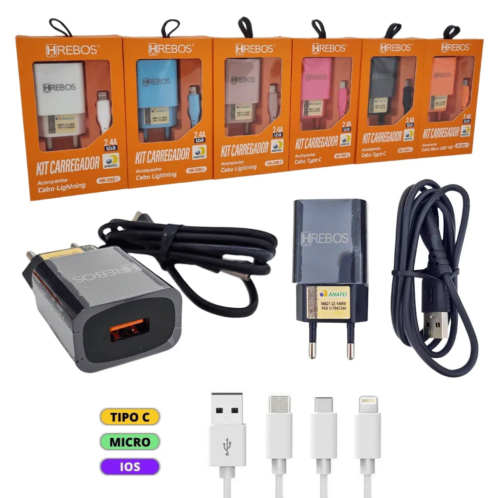 KIT CARREGADOR DE CELULAR 2.4A USB COLORIDO - HREBOS - HS-390