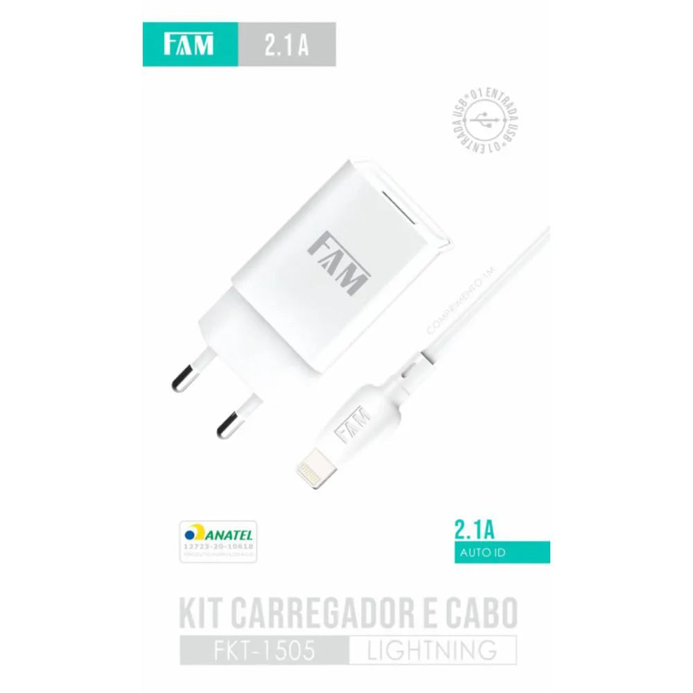 KIT CARREGADOR 2.1A 10W USB 1M - FAM